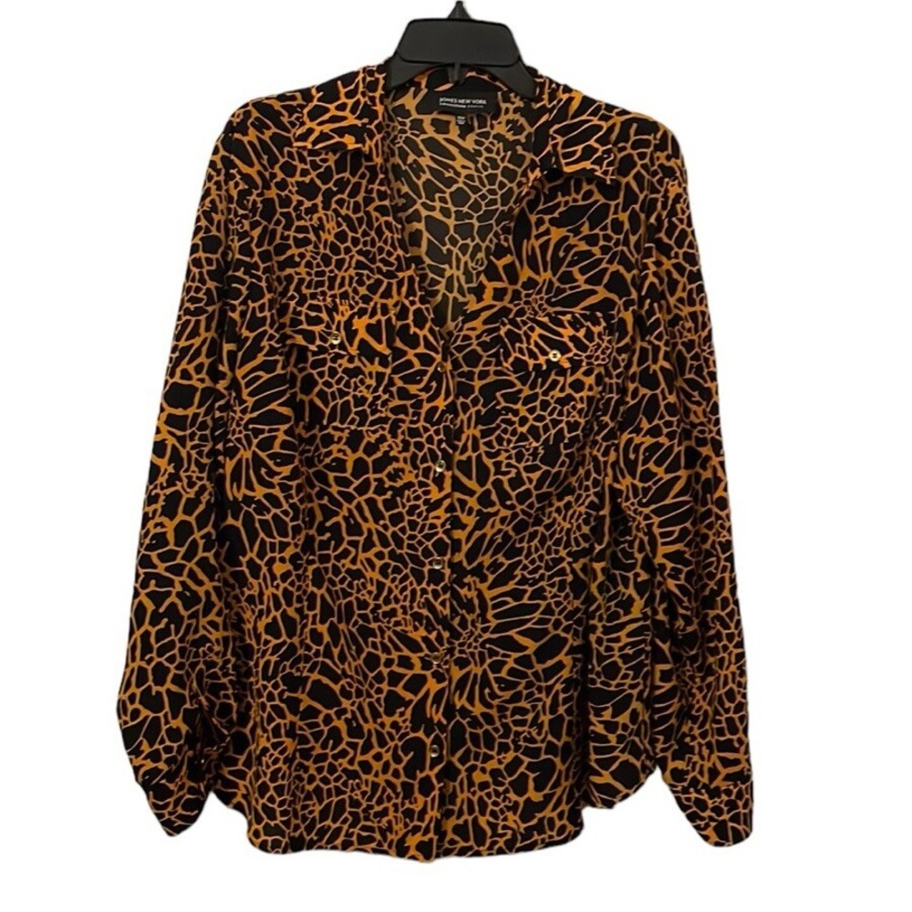 Jones New York Women's Orange/Black Print V-Neck‎ Button Down Top Size 16W